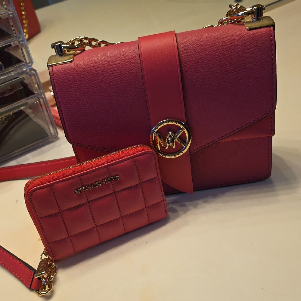 Michael Kors Coral Pink Leather Crossbody with Quilted Coin Pouch